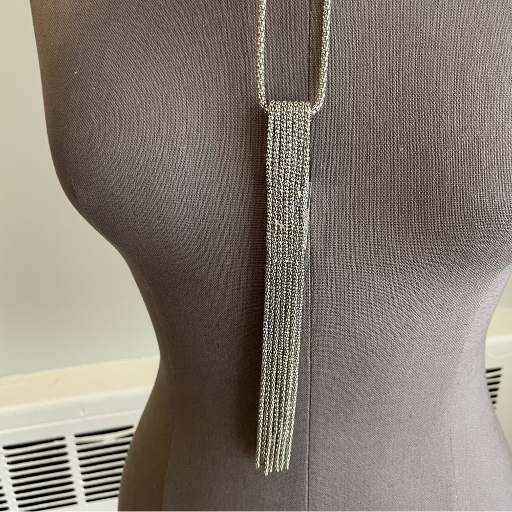 Long Silver Necklace With Rectangular Tassel Pend… - image 6